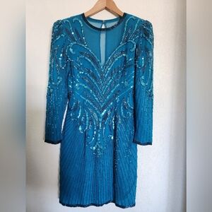 AJ Bari Petite vintage beaded tourquoise blue silk dress